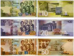 The front and back views of the 10, 20 and 50 Ghana cedis.